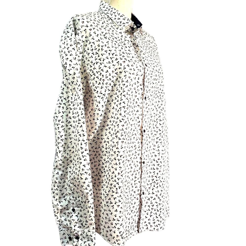 H&M White Black Red Floral Top Size L Slim Fit Easy Iron Unworn Soft Cottage